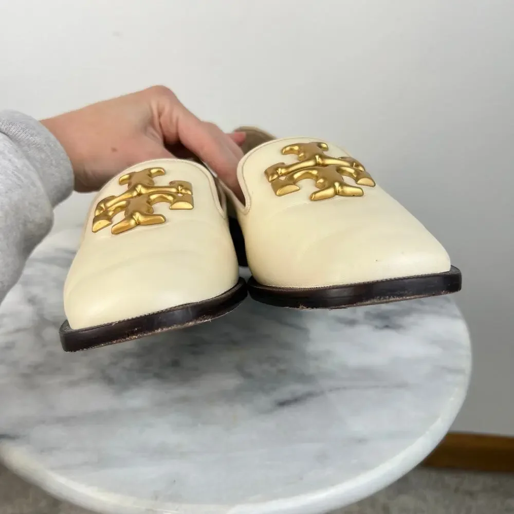 Tory Burch Eleanor Logo Block Heeled Shoes Ivory Leather Slip In Loafer (Sz 8.5)